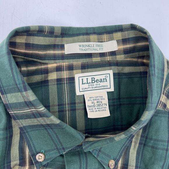 L.L. Bean Green Plaid Button Down Shirt Cotton Merino Wool Long Sleeves - Picture 3 of 7